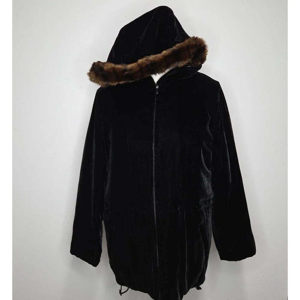 Black Label Lauren by Ralph Lauren Velvet Faux-Fur Hooded Puffer Parka Coat S